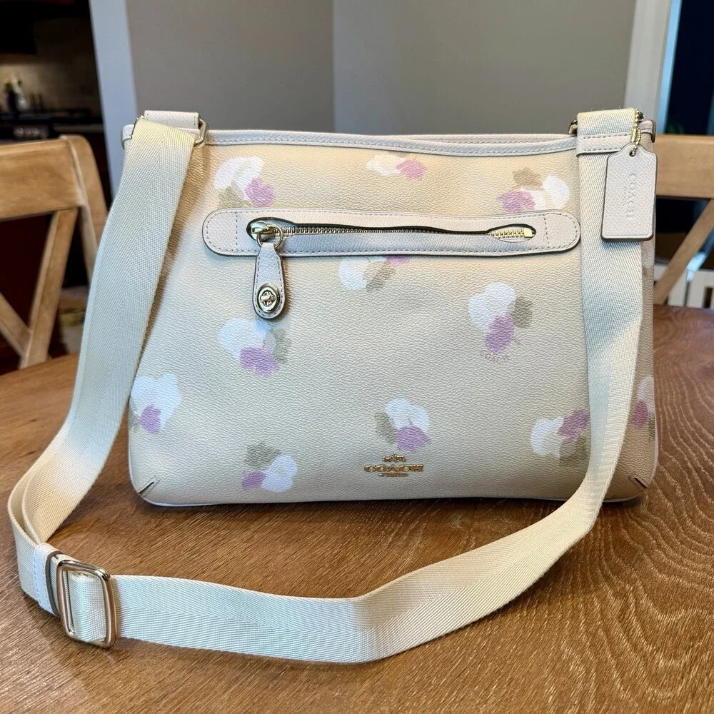 Coach 37588 Taylor Beachwood Floral Leather Crossbody Bag Beige Medium